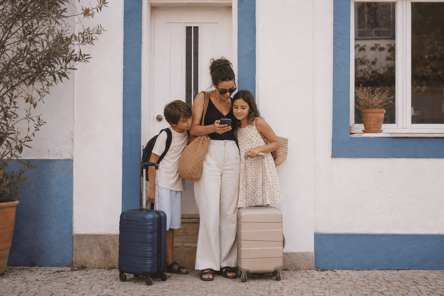 Parent with two kids outside a Portuguese Airbnb door messaging for access
