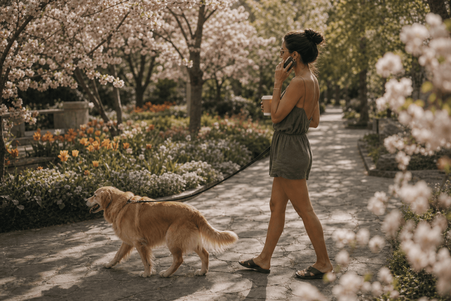 Guest in a spring park with her dog and coffee, on the phone in side profile